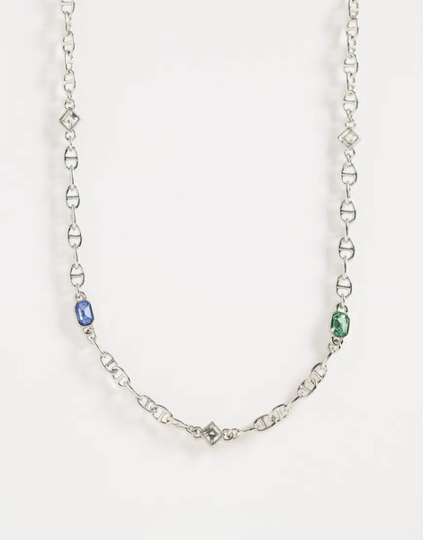  Asos Design Stone And Chain Necklace In Silver 