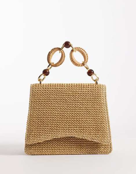  Asos Design Straw Crossbody Bag With Resin Top Handle And Detachable Cross Body Strap In Natural Neutral 