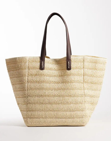  Asos Design Straw Oversized Tote Bag With Pu Handles Neutral 
