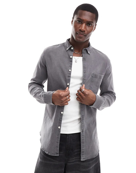  Asos Design Stretch Slim Denim Shirt In Washed Black Grey 