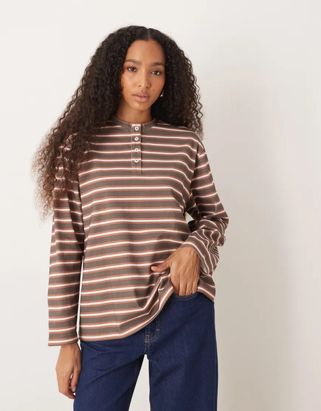  Asos Design Stripe Oversized Henley Top In Brown 