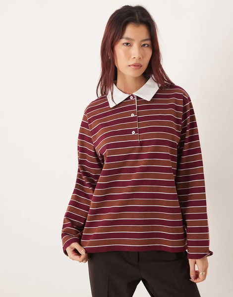  Asos Design Striped Oversized Rugby Top In Burgundy Red 