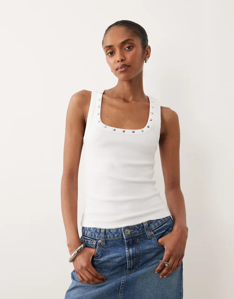  Asos Design Stud Trim Racer Vest In White 