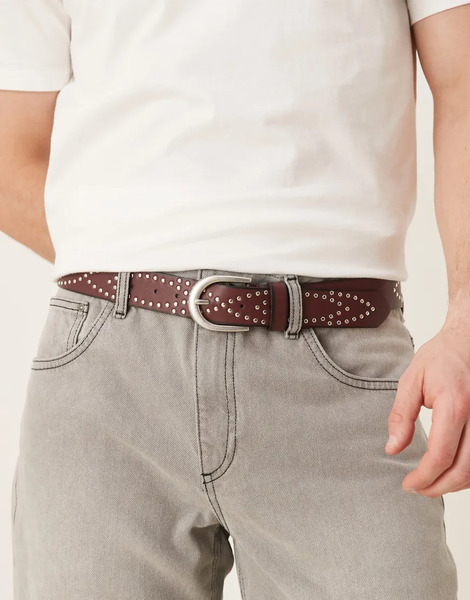  Asos Design Studded Burnished Belt In Burgundy Red 