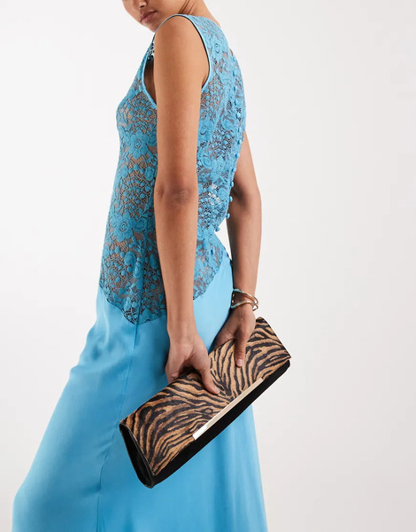  Asos Design Suede & Hair On Real Leather With Tiger Print Elongated Clutch Bag With Bar Detail Multi 