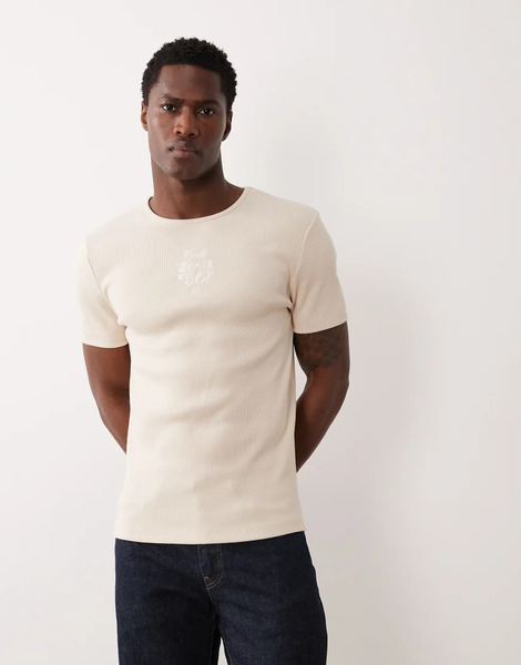  Asos Design Super Heavyweight Muscle Fit T Shirt With Floral Embroidery In Beige Textured Rib Neutral 