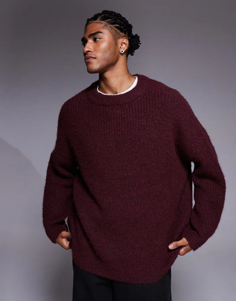  Asos Design Super Oversized Knitted Crew Neck Jumper In Burgundy Red 