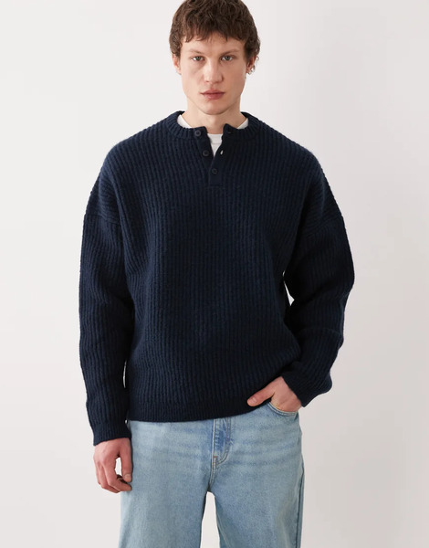  Asos Design Super Oversized Knitted Henley In Navy 