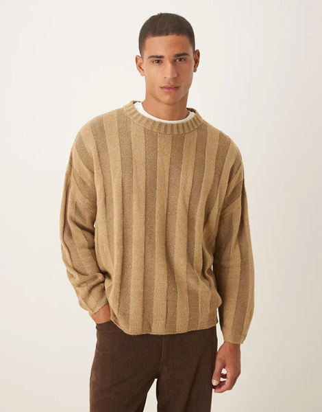  Asos Design Super Oversized Knitted Rib Jumper In Beige Neutral 
