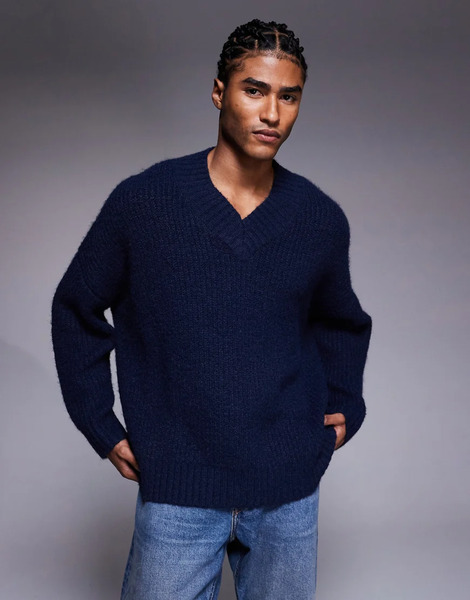  Asos Design Super Oversized Knitted V Neck Jumper In Navy 