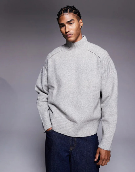  Asos Design Super Oversized Knitted Wool Blend Funnel Neck Jumper In Grey 