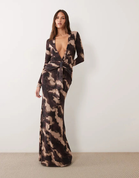  Asos Design Super Plunge Draped Front Maxi Dress In Zebra Print Multi 