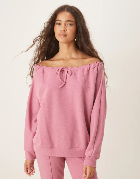  Asos Design Supersoft Drawcord Off Shoulder Sweatshirt In Pink   Pink 