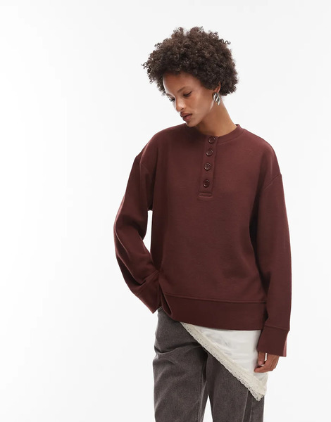  Asos Design Supersoft Oversized Henley Half Button Sweat In Choc   Brown 