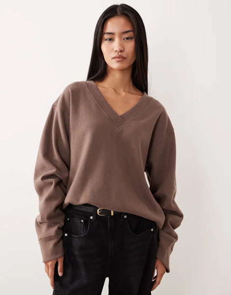 Asos Design Supersoft Ruched Sleeve V Neck Jumper In Mocha Brown 