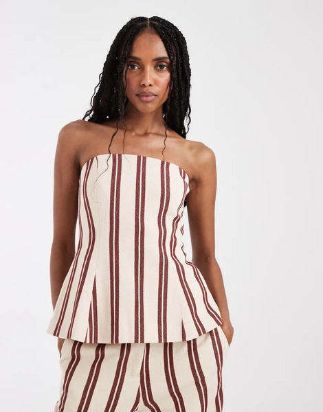  Asos Design Tailored Bandeau Top With Tie Back In Textured Stripe 