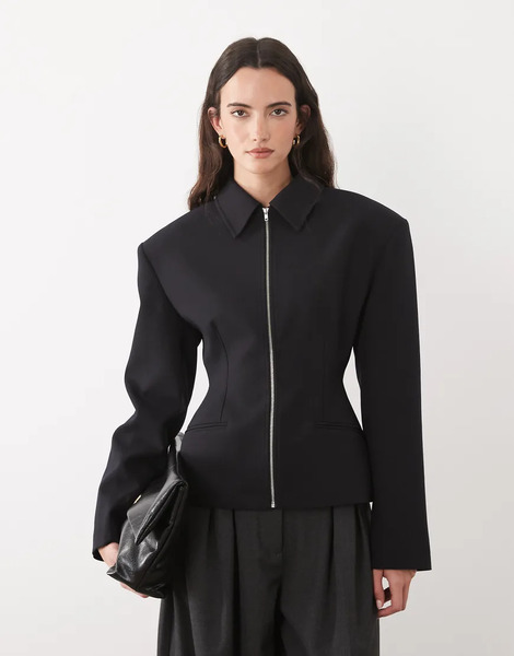 Asos Design Tailored Cinch Waist Zip Through Jacket In Black 