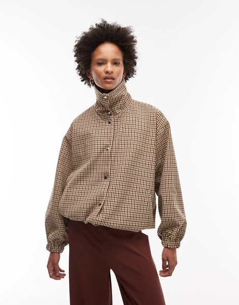  Asos Design Tailored Funnel Neck Jacket In Micro Check Multi 