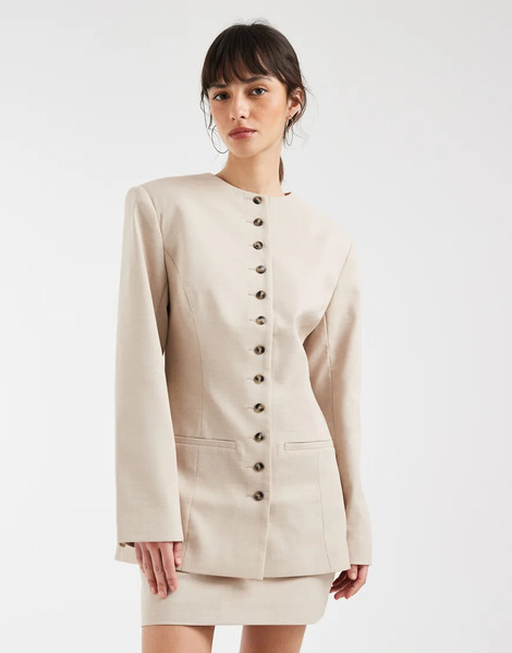  Asos Design Tailored High Neck Button Blazer In Sand Marl Neutral 