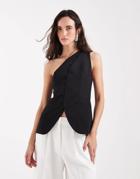  Asos Design Tailored One Shoulder Button Detail Top In Black 
