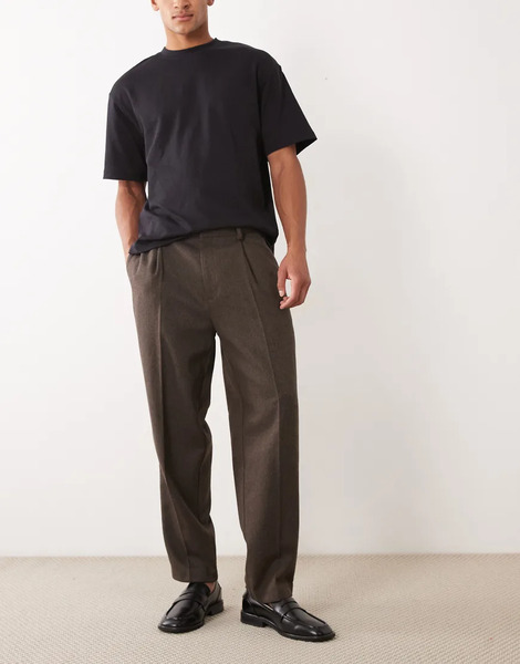  Asos Design Tailored Oversized Tapered Trousers With Wool In Brown Herringbone 