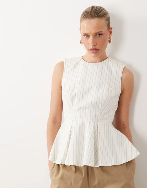  Asos Design Tailored Peplum Top In Ecru Stripe White 