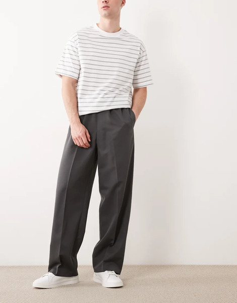  Asos Design Tailored Pull On Wide Leg Trousers In Charcoal Grey 