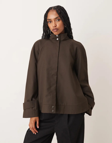  Asos Design Tailored Raglan Sleeve High Neck Swing Jacket In Chocolate Brown 