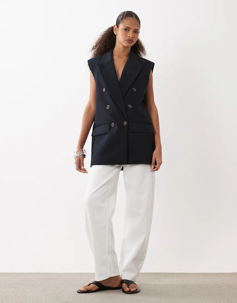  Asos Design Tailored Sleeveless Double Breasted Power Shoulder Blazer In Navy 