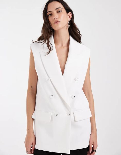  Asos Design Tailored Sleeveless Double Breasted Power Shoulder Blazer In White 