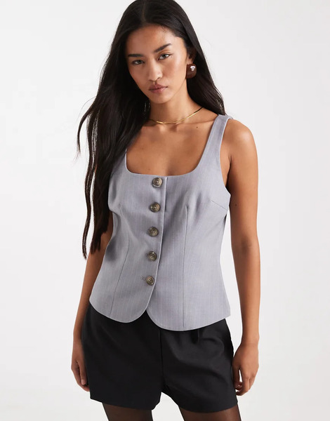  Asos Design Tailored Square Neck Structured Waistcoat In Light Grey Stripe 