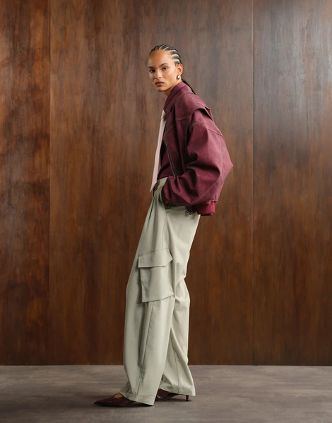  Asos Design Tailored Utility Barrel Trousers In Sage Green 