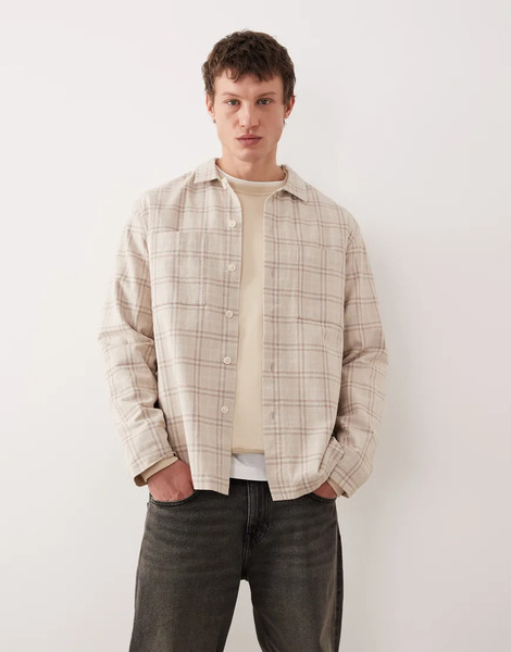  Asos Design Textured Check Overshirt In Beige Neutral 