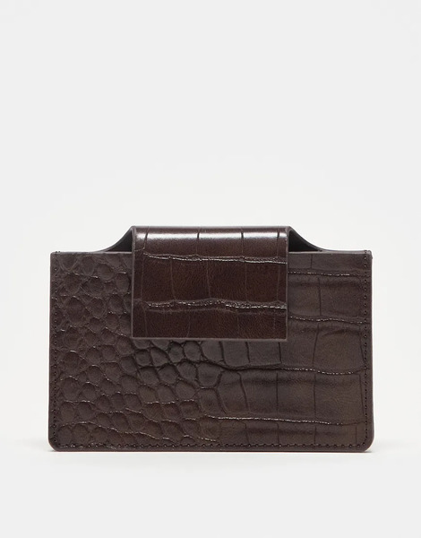  Asos Design Textured Croc Card Holder In Chocolate Brown 