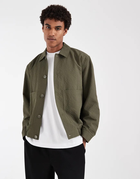  Asos Design Textured Fabric Harrington In Green 