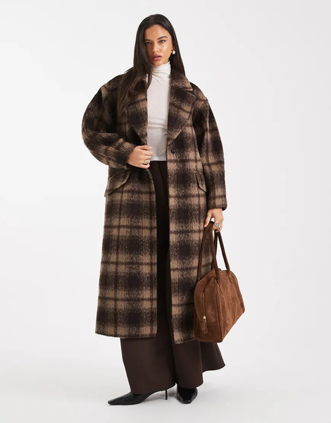  Asos Design Textured Formal Coat In Brown Check 