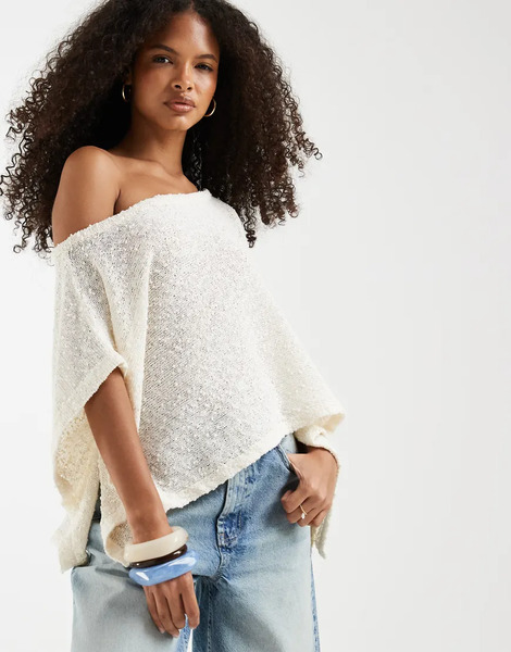  Asos Design Textured Knit Sheer Poncho In Ecru White 