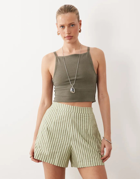  Asos Design Textured Pull On Flippy Shorts In Khaki Stripe Green 
