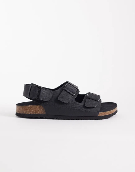 Asos Design Three Strap Sandals With Buckles In Black 
