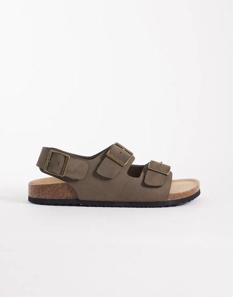  Asos Design Three Strap Sandals With Buckles In Taupe Neutral 