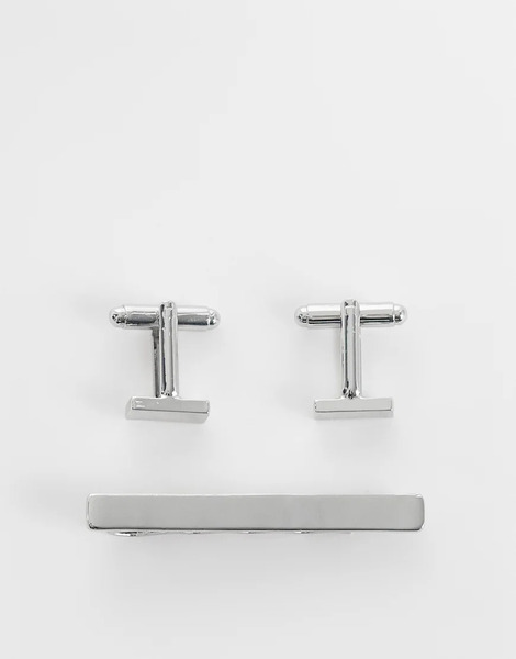  Asos Design Tie Bar And Cufflink Set In Silver 