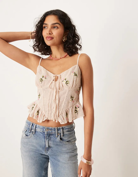  Asos Design Tie Front Embroidered Corset Top In Stone Neutral 