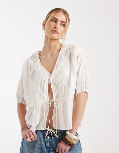  Asos Design Tie Front Lace Insert Blouse In White 