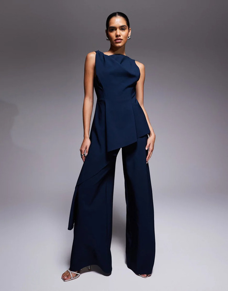 Asos Design Twist Shoulder Draped Jumpsuit In Navy 