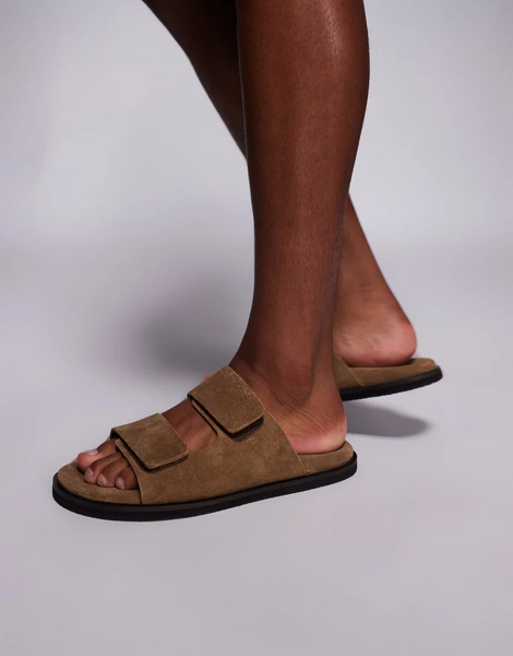  Asos Design Two Strap Sandals In Stone Suede Brown 