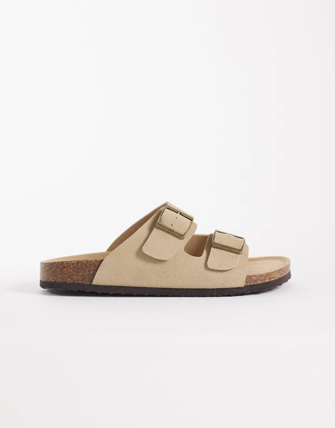  Asos Design Two Strap Sandals With Cork Sole In Stone Neutral 