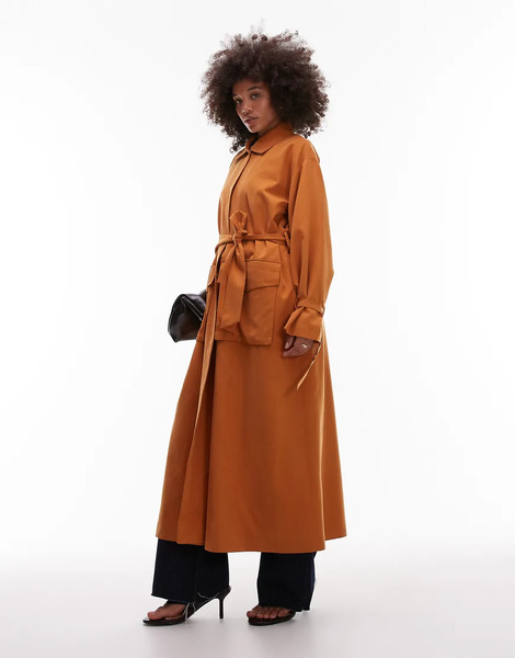  Asos Design Utility Pocket Belted Duster Coat In Ochre Orange 