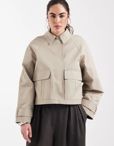  Asos Design Utility Pocket Short Cape Back Trench With Cotton And Water Repellent Finish In Light Stone Brown 