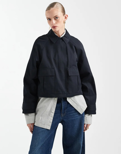  Asos Design Utility Pocket Short Cape Back Trench With Cotton And Water Repellent Finish In Navy Green 