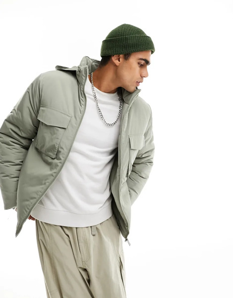  Asos Design Utility Puffer Jacket In Sage Green Auburn 